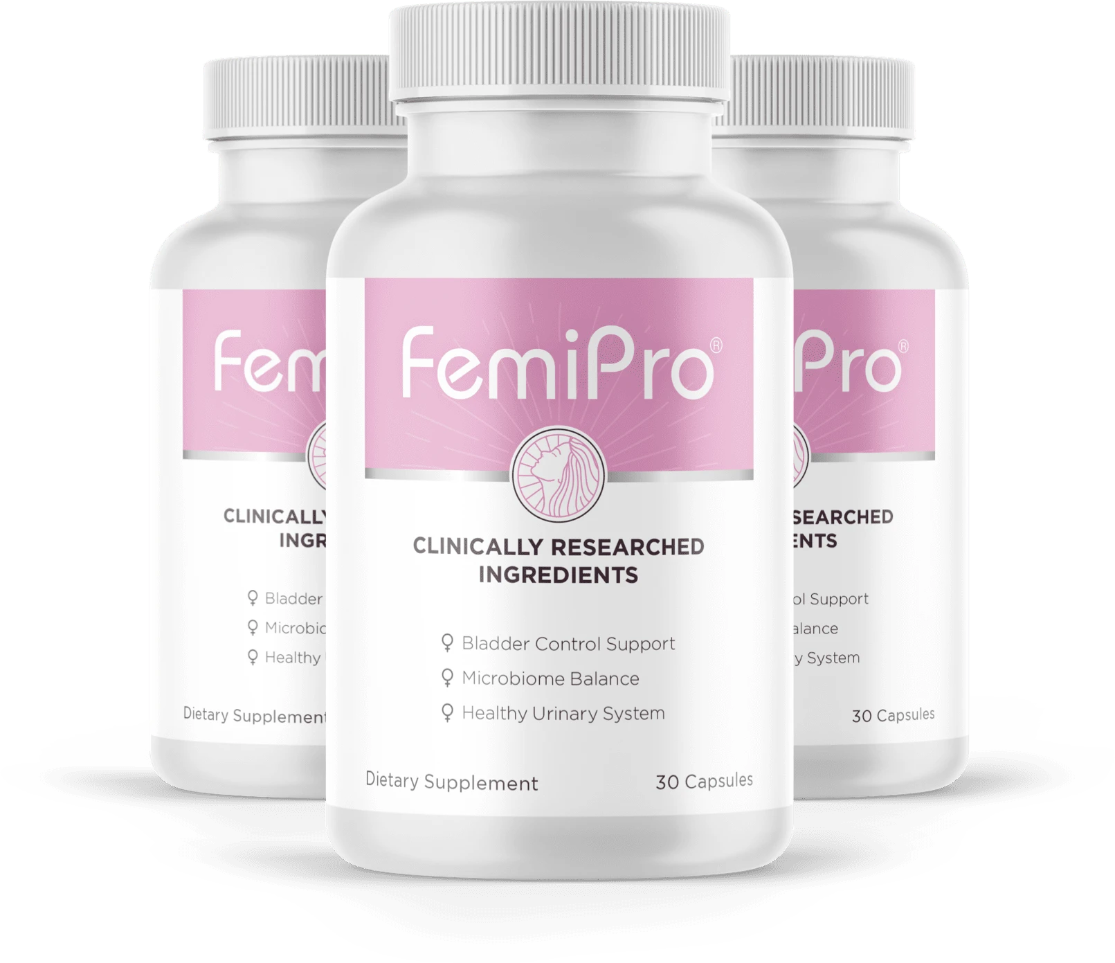 Three bottles of Femipro women's urinary health supplement